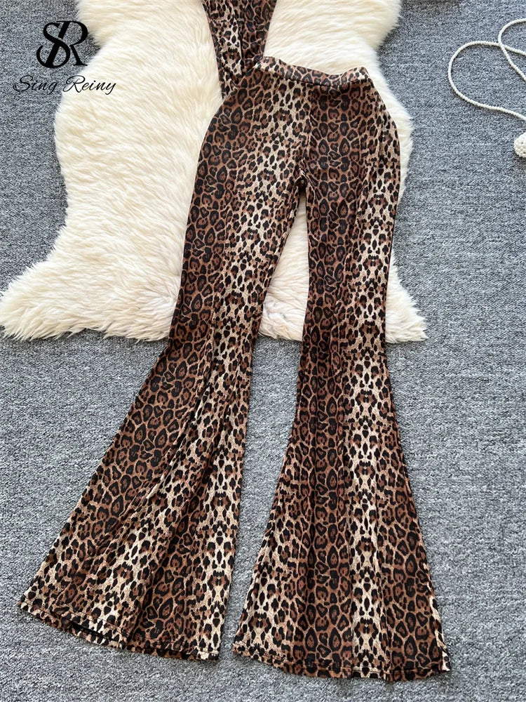 Newest Leopard 2PCS Suits UK Size Women Sexy Strap Tops +Elastic Waist Flared Pants American Ins Fashion Hot Sets