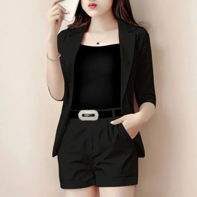 NEW Arrivals 2PCS Set 2 Patterns White/Black Short/Long Pants Coat + Belt for Women Black Trouser Suit Blazer and Outfit Office Lady Professional Business Set Ladies Luxury Fashion Clothing Supplies