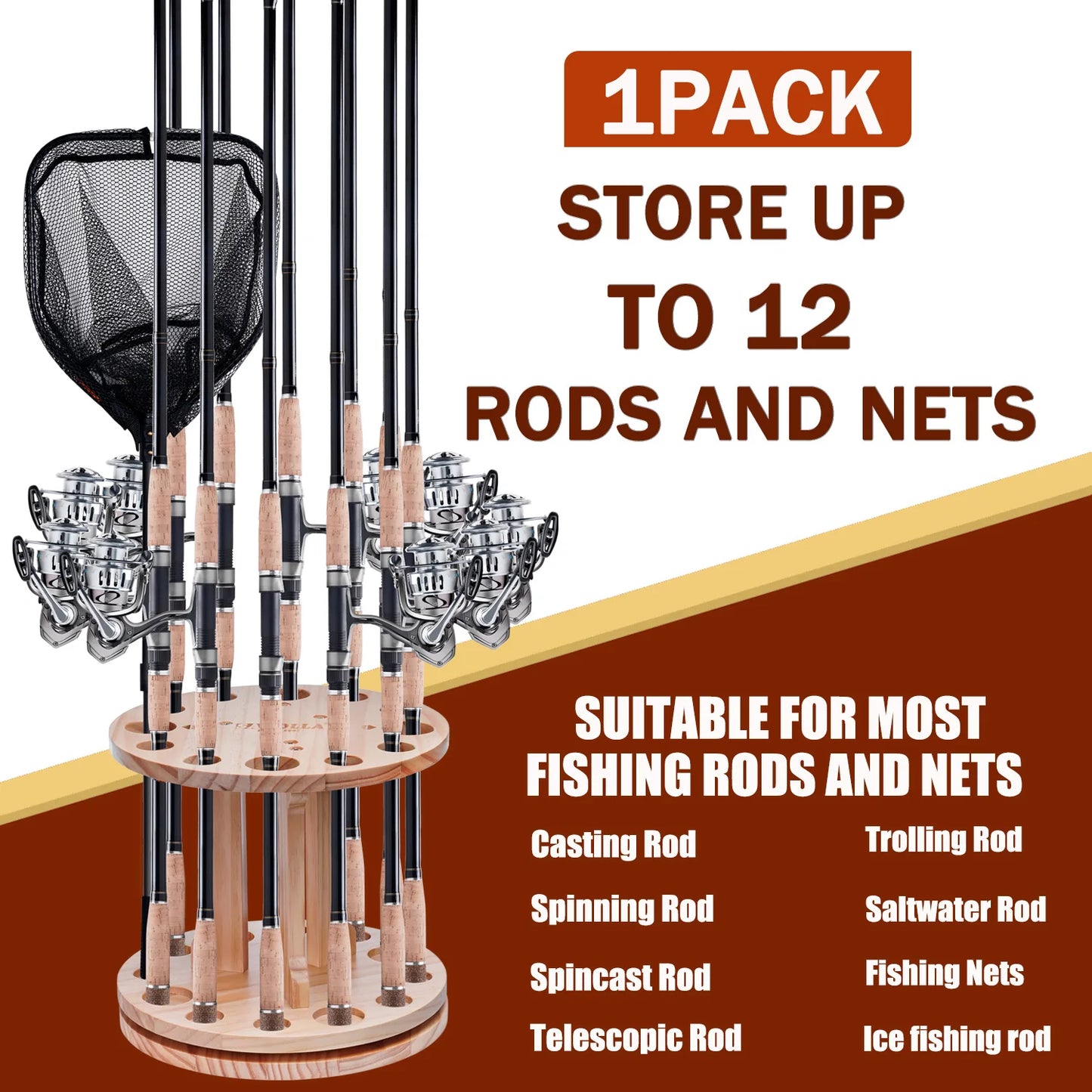 360 ° Rotation Wooden 12 Slots Round Fishing Rod Holder Upgrade And Strengthen Space Saving Storage Organizer Roove Fishing Gear