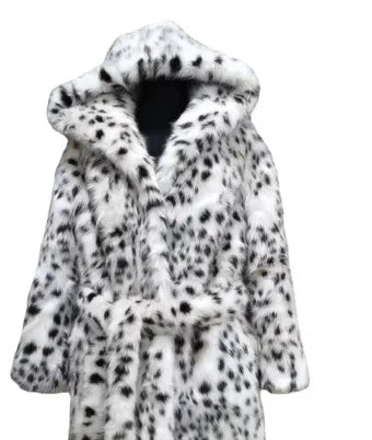 NEW Arrivals UK S-2XL Size 2 Colors Winter Warm Loose Plush Windbreaker With Hat Women Faux Fox Fur Black White Dot Leopard Coat Ladies Thick Long Overcoat