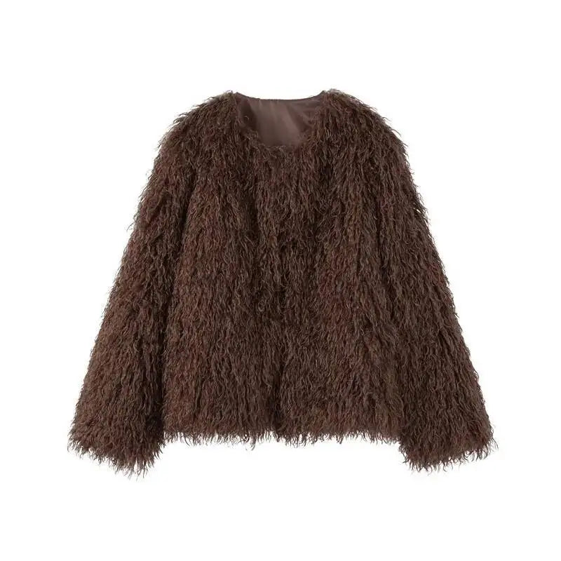 S-XL UK Size 4 Colors Fashion Brown Faux Fur Coat Women's Round Neck Loose Long Sleeves Thick Plush Short Jacket Winter New 7A1041