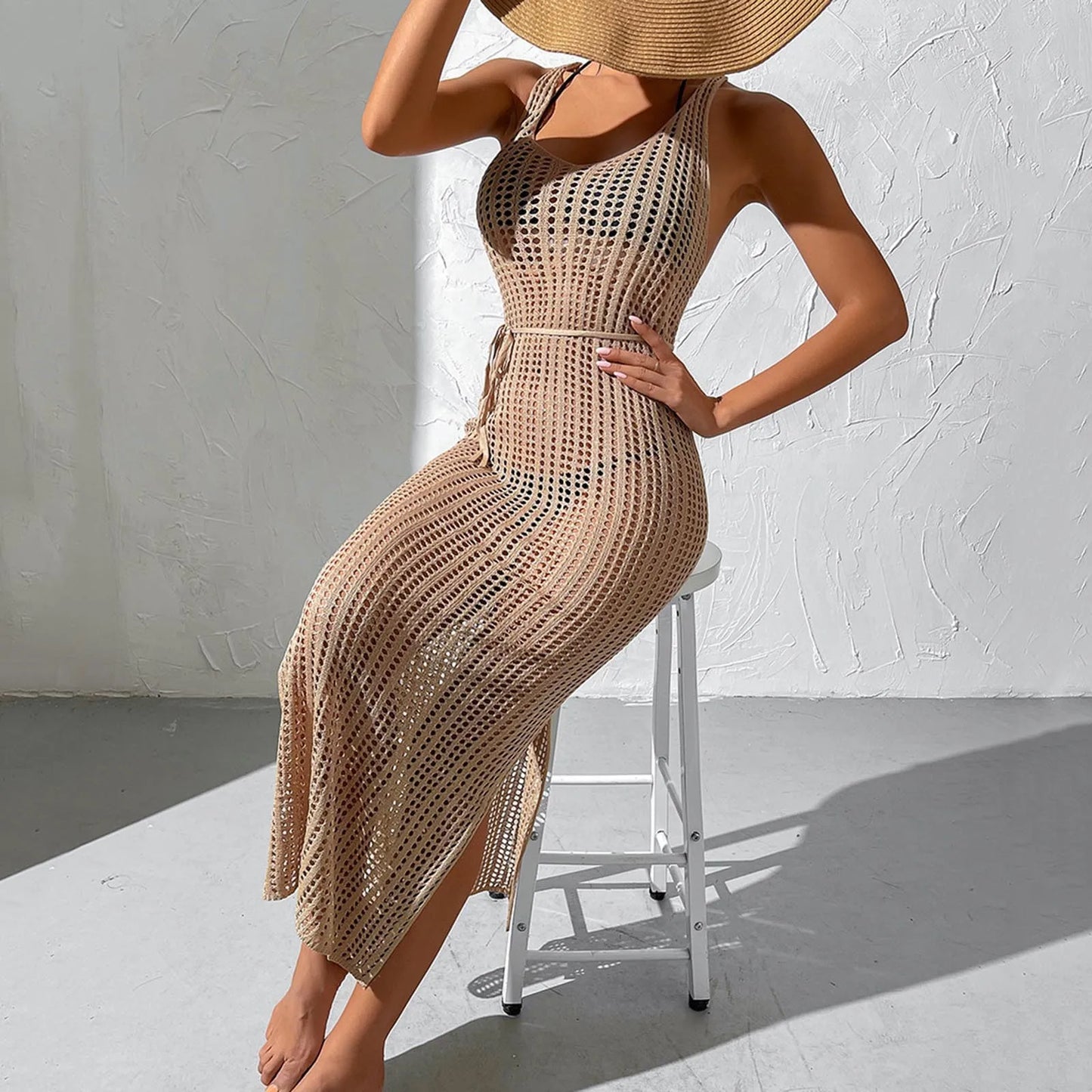 Summer Beach Dress Womens Loose Hollow Sexy Dress Solid Mesh Female Bathing Suit Beach Wear Holiday Swimming Suits купальник