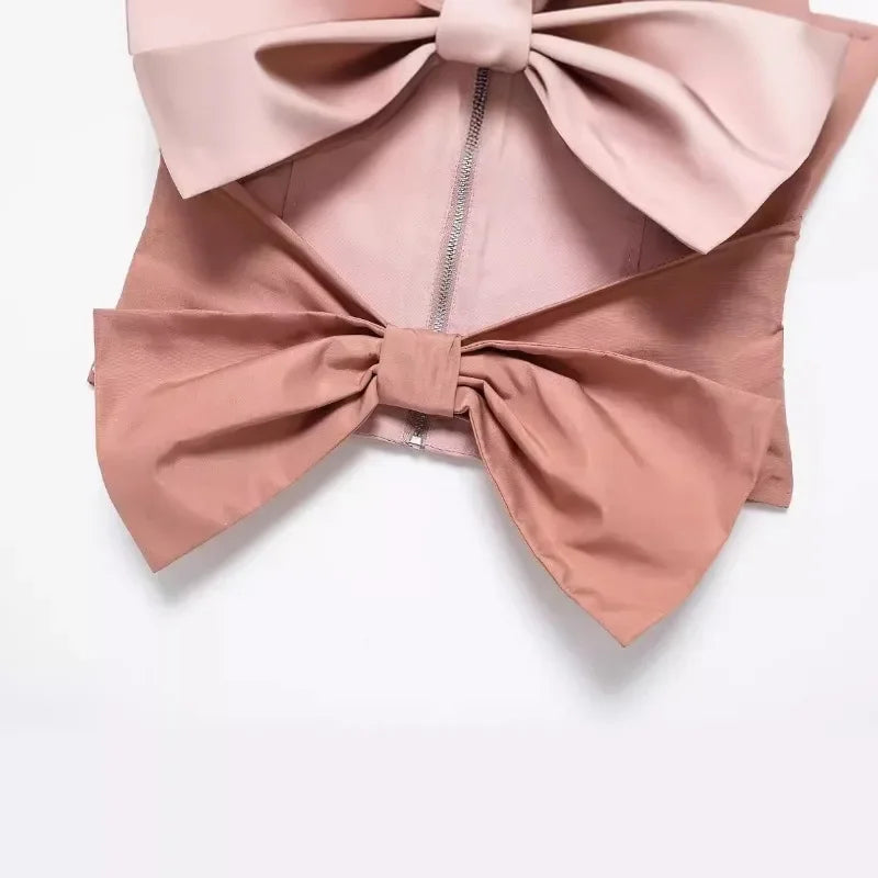 NEW Arrivals Spring Summer Women Design Vintage Big Bow Strapless Taffeta Short Tops Fashion Cute Sexy Backless Slim Tanks Female Tops Elegant Tops