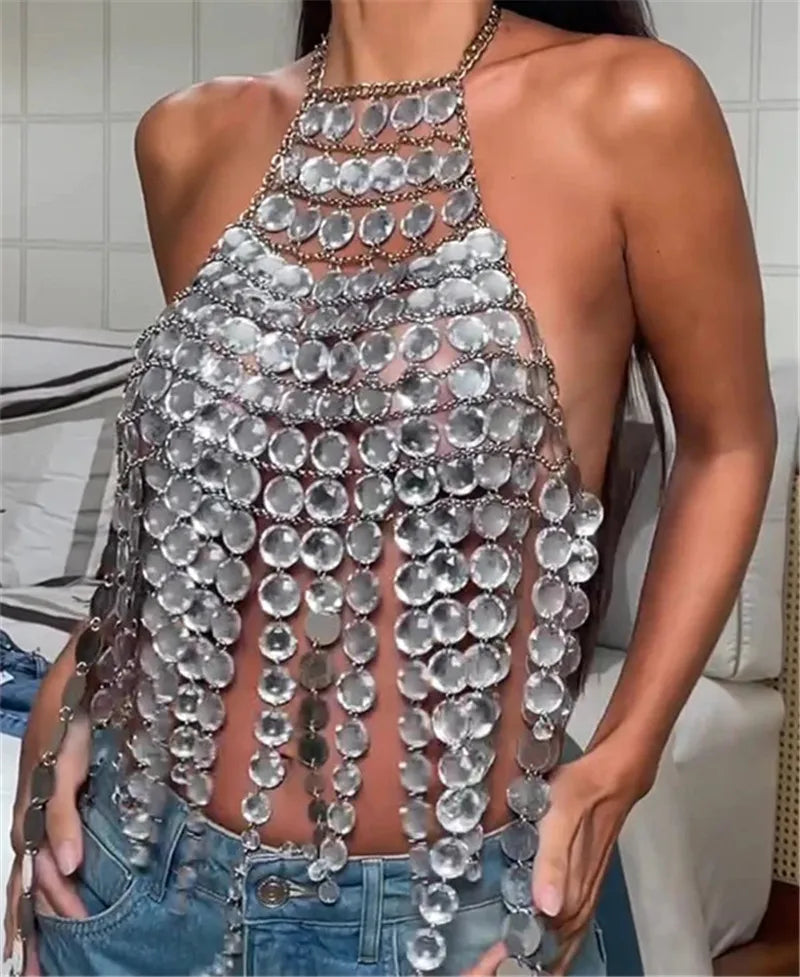 NEW Arrivals Sexy Backless Halter Metal Disc Crop Top Women Glittery Tassel Chainmail Top for Party Club Night Out Festival Rave Wear
