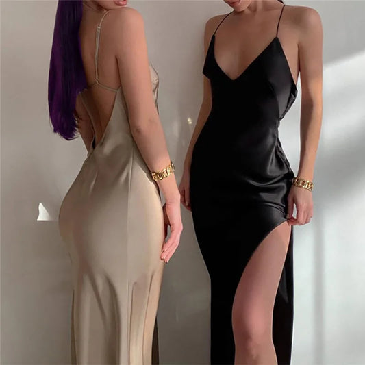 Sexy Solid Backless Slit Party Long Dress Summer Dress Suspenders Slim fit 2023 women Y2K Long Dress Deep V Woman Evening Dress