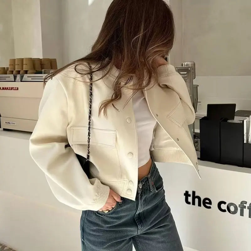 NEW Arrivals S-3XL 4 Colors Fashion Women Elegant Solid Bomber Jacket Long Sleeve Button Slim Cropped Coat Female Casual Chic Tops Woman Streetwear