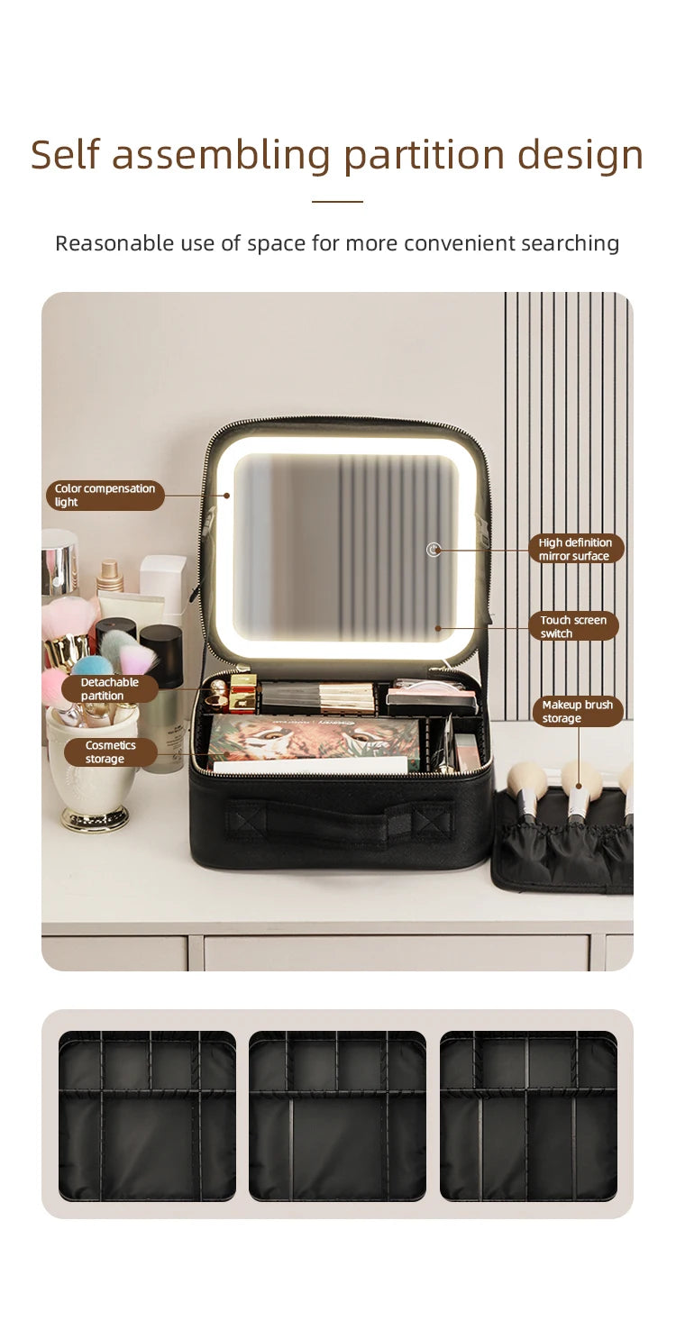 Make-Up Travel Train Case with LED Lighted Mirror, 3 Color Adjust Settings, Travel Makeup Bag With Adjustable Dividers Women Cosmetic Accessories
