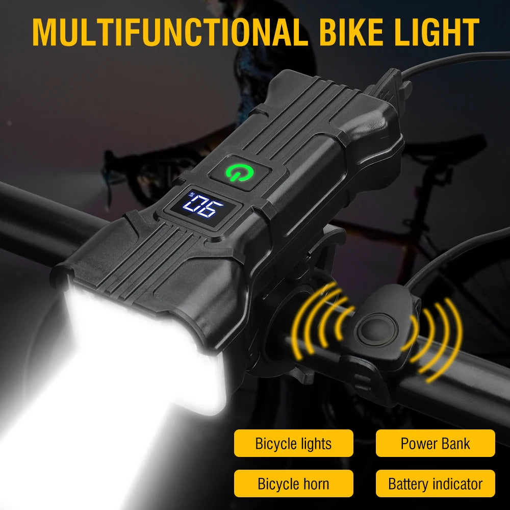 Super Bright Bicycle Headlight USB-C Rechargeable Bike Front Light With Horn Bike Accessories Waterproof Gear Light MTB