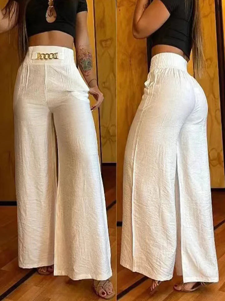 High Waist Solid Color Wide Leg Pants Summer Chic Loose Elegant Metal Flared Pant Office Ladies Straight Holiday Women Trousers