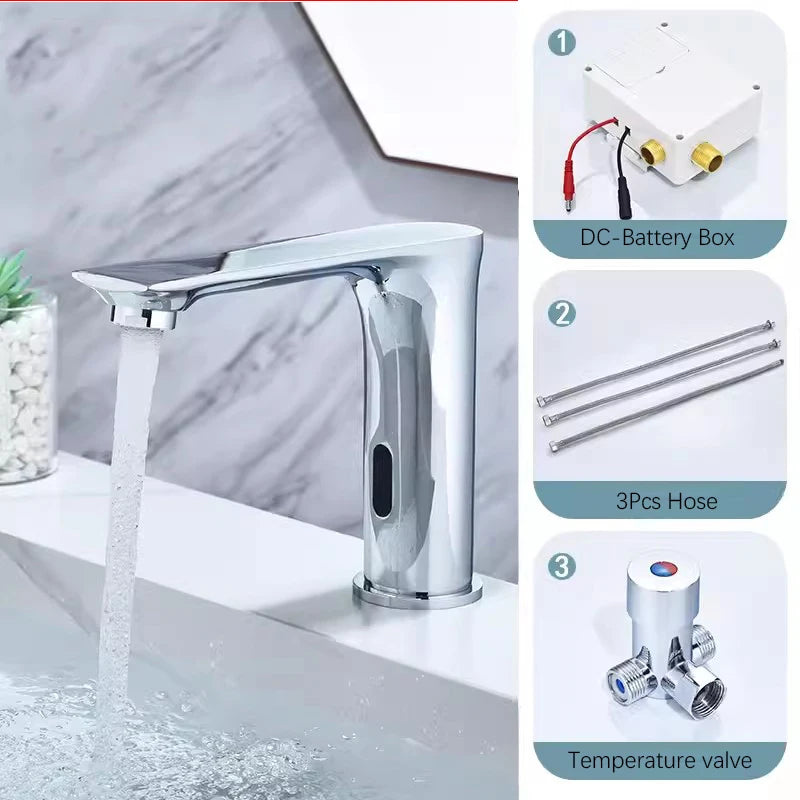 NEW 3 Colors Automatic Sensor Touchless Bathroom Faucet, Modern Basin Faucet for Sink 1 Hole, Waterfall Single Hole Bathroom Sink Faucet Home Bathroom Kitchen Washing Accessories