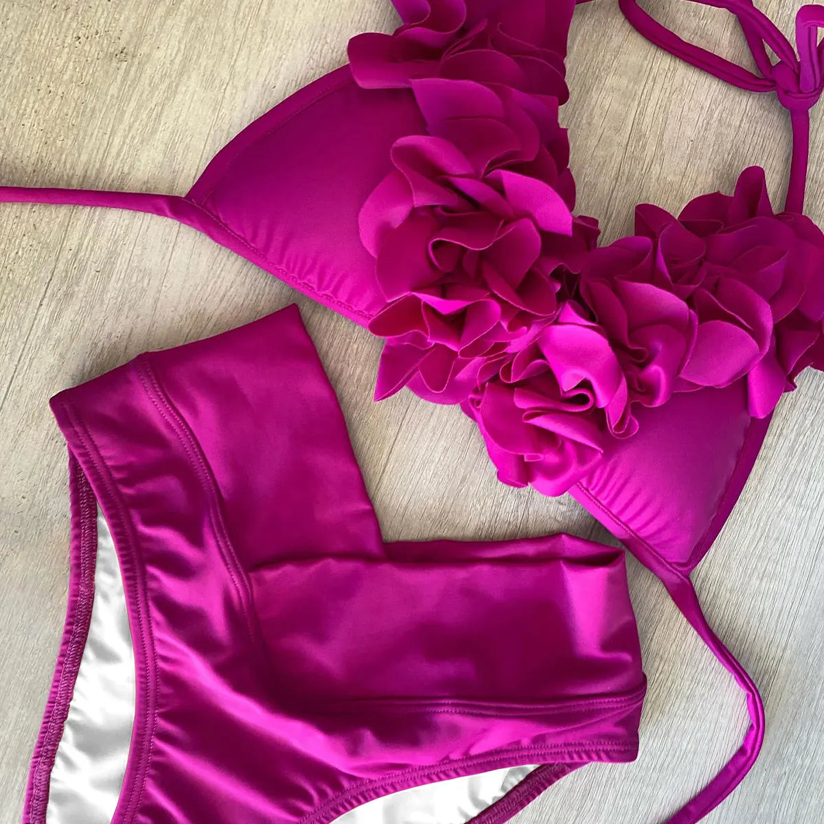 NEW Summer Sexy Petal Push Up Backless Bikini Set Women Fashion Flower Ruffles Bikini Lady Solid Beachwear Bathing Suit Girls Ladies Beach Wear