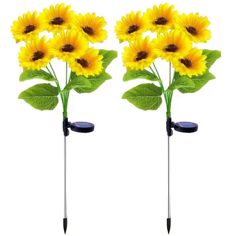 2 PCS Bouquet (12 Heads) Home Villa Solar-Powered Outdoor Decorative Lawn Lights LED Sunflower Decor Pathway Ground Stake Light for Garden Street Patio Balcony Yard