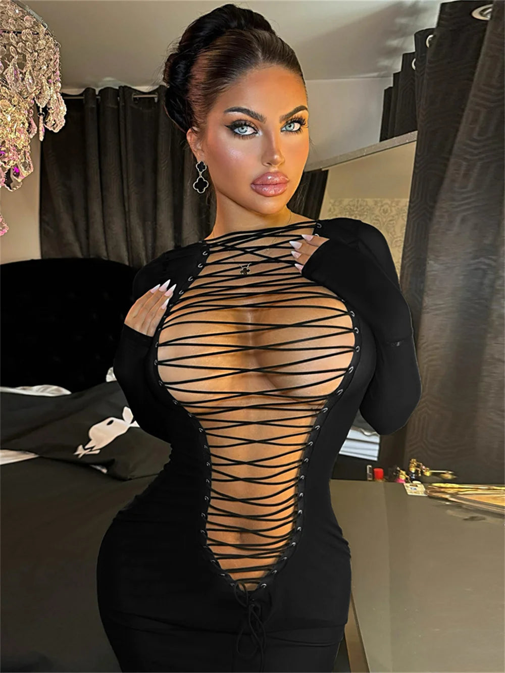 NEW Sexy Hollow Shirring Luxury Dress Women Hipster Full Sleeve Coquette Midnight Party Clubwear Stretch Skinny Mini Bodycon Evening Party Outfit Girls Ladies Sexy Fashion Clothing Supplies