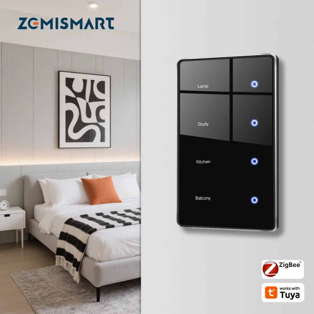4 Gangs Zigbee Smart DIY Name Lights Switch Sensing Function Voice Control Black Panel Touch Screen Light Switches US Type Neutral Required Works with TUYA App Control  Smart Life App