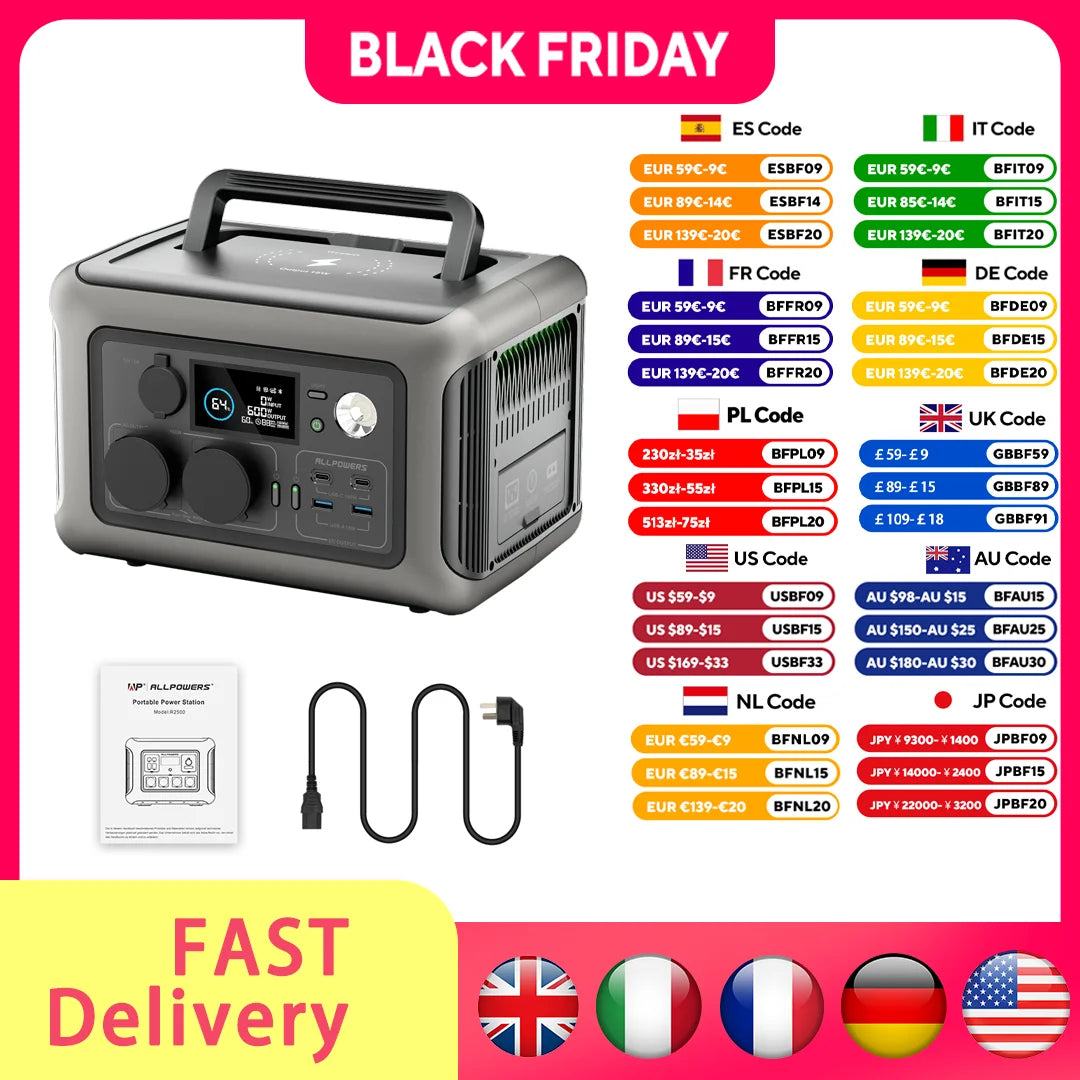 UK Plug  Portable Power Station R600, 299Wh LiFeP04 Battery with 2x 600W (1200W Surge) AC Outlets for Outdoor Camping RV Home