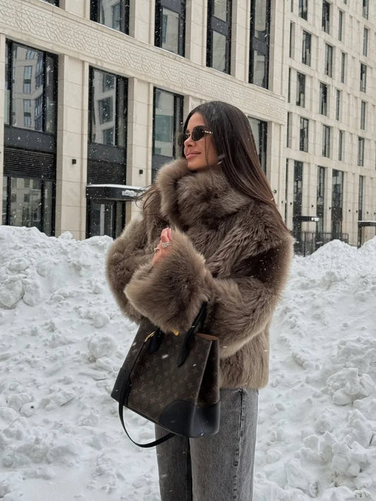 NEW Woman Brown Plush Fur Thick Coat Stand Up Collar Loose Short Jacket Lady Autumn Winter Casual Fashion Commuter Outwear
