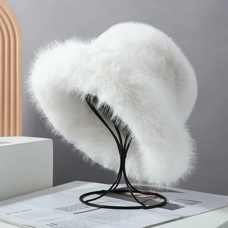 Big Faux Fur Fluffy Bucket Hat for Women Luxury Plush Winter Hat Thicken Snow Oversized Fur Bucket Hat Soft Big Panama Cap