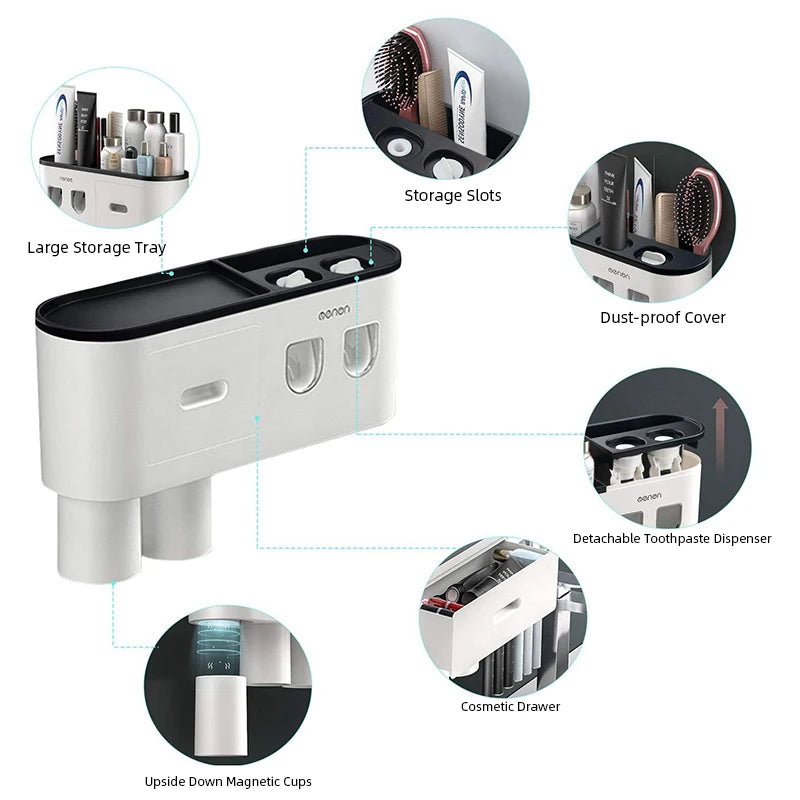 NEW Arrivals  Wall Mounted 5 Cups Toothbrush Holder Magnetic Adsorption Inverted Toothpaste Squeezer Double Automatic Toothpaste Dispenser Bathroom Accessories