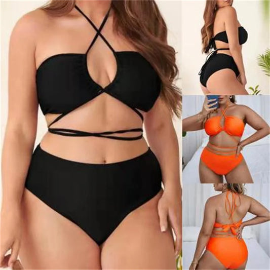 Solid Plus Size Bikini Set Women Sexy Fashion Split Swimwear Beach Style Party Spring Summer High Waist Female Bikini Suit