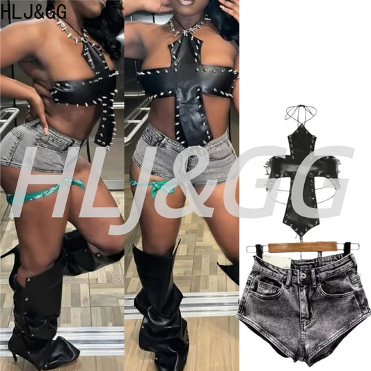 2 PCS Set  Y2K Sexy Hot Girl Halter Backless Lace Up Women Leather Rivets Crop Top And Denim Shorts Outfit Streetwear Evening Rave Festival Party Night Clubwear Suit