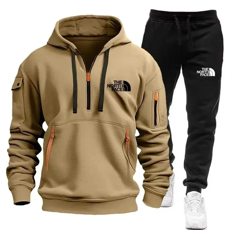 NEW Arrivals 2PCS Set S-3XL 8 Colors Autumn and Winter Men's New Multi-Pocket Zipper European Size Warm Long-Sleeved Hooded Sweatshirt + Pants Gym Fitness Suit Male Men Sports  Casual Fashion Apparel Supplies