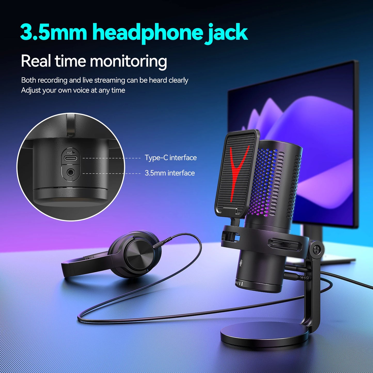 NEW Arrivals Gaming Microphone Professional Condenser Mic PC Laptop Computer Mike RGB USB Wired Studio Streaming Podcast Gamer Karaoke PC YouTube Tik-Tok Kit Electronics Accessories Supplies