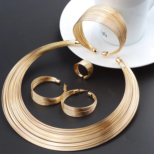 Fashion Dubai Gold Color Jewelry Sets Exaggerated Line Necklace Wedding Gift African Jewelry for Women