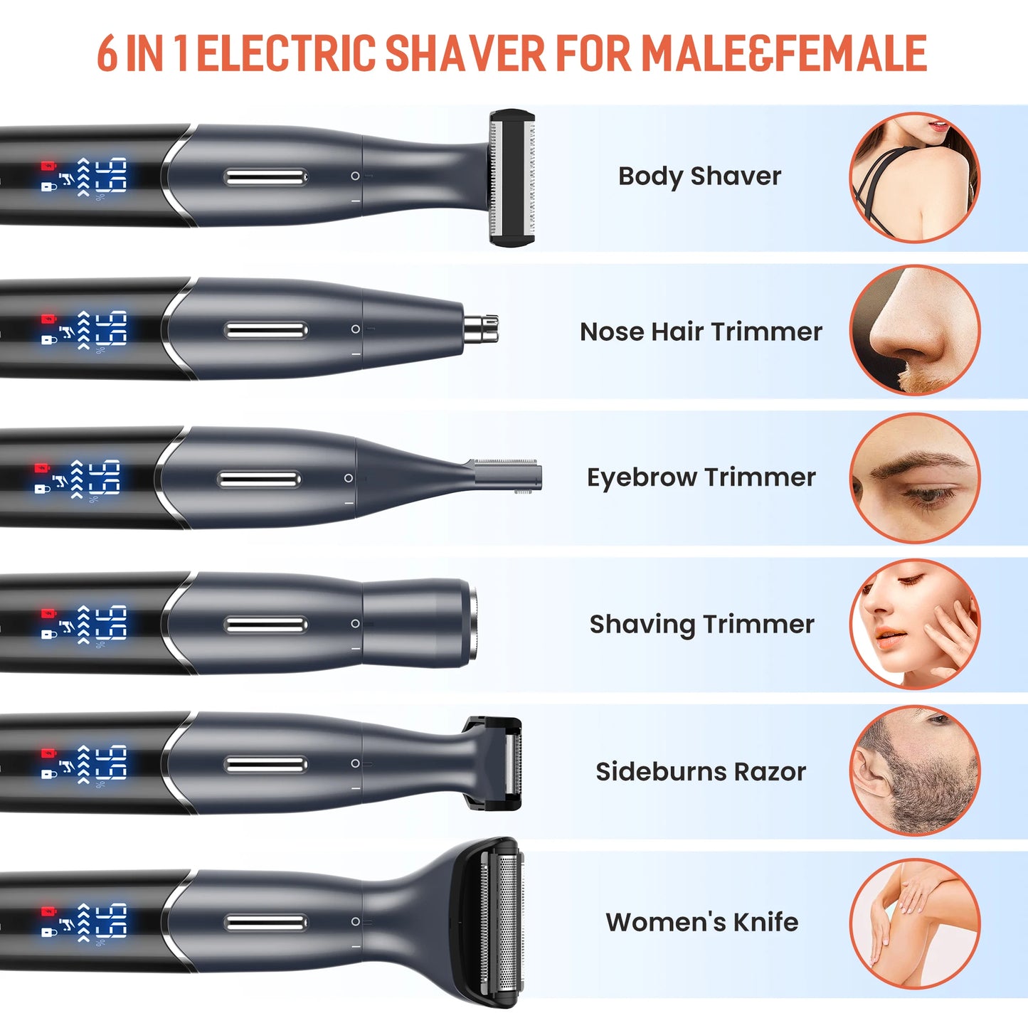 NEW Arrivals 6PCS Set  Body Hair Electric Trimmer Bikini Line Nose Eyebrow Ear Beard Shaver Men & Women Nose Hair Trimmer Eyebrow Razor Portable Body Shaver IPX5 Hair Care Accessories Beauty Salon Supplies