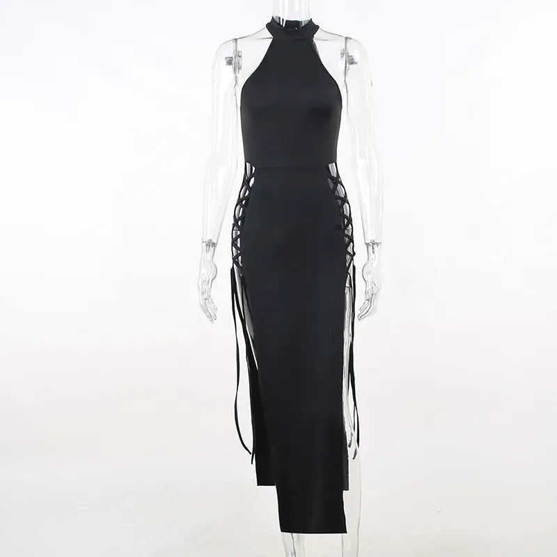 Goth Dark Cosplay High Split Sexy Bandage Women Dresses Y2K Mall Gothic Halter Slim Midi Dress Black Grunge Style Alt Partywear