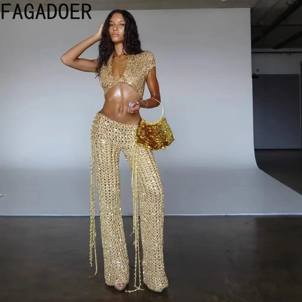 2 PCS Set S-XL UK Size Sexy Hollow-Out Sequin Woman Solid Deep V-Neck Crop Top and Tassel Pants Female Evening Beach Party Night Clubwear Prom Luxury Suit