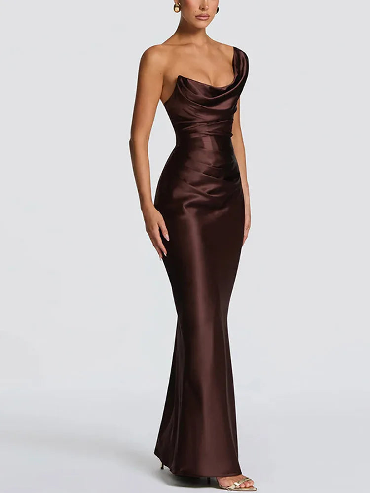 S-XL 3 Colors One Shoulder Satin Women 's Maxi Dress Cowl Neck Ruched Waist Bodycon Dresses Summer Woman Formal Evening Party Wedding Guest Outfit