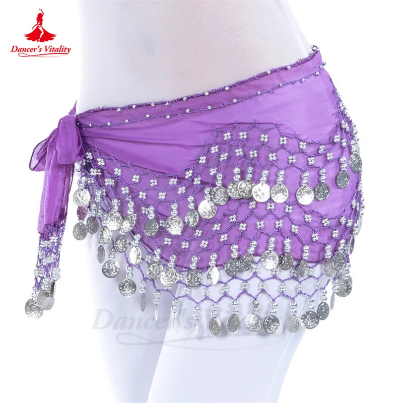 NEW Arrivals Belly Dance Belt for Women Chiffon Gold Coins Oriental Dancing Wear Accessories Girl's Chiffon Silver Coins Belly Dance Hip Scarf