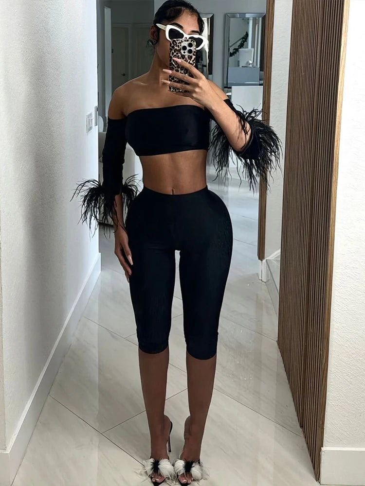 NEW Arrivals 2PCS Set UK Size Black/Pink Color Women Classic Tracksuit Feather Sleeve Slash Neck Crop Tops+ Pants Shorts Matching Street Outfits