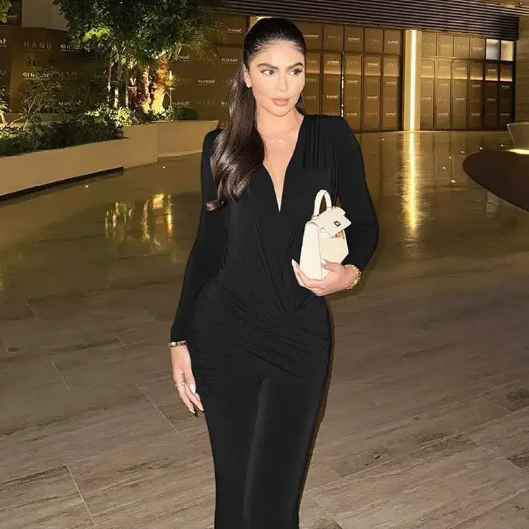 NEW Black/Rose Red Color Luxury Silky Elegant Jumpsuits Woman Cross Ruched Deep V-Neck Full Sleeve Skinny High Stretch Daily Office Style Overalls Ladies Luxury Fashion Clothing Supplies