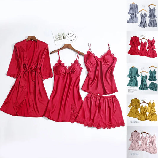 NEW Arrivals 4PCS Set M-3XL Plus Size 5 Colors Women Sexy Home Wear Cross-Border Spring Summer Comfortable Breathable Sleepwear V-Neck Short Sleeve Shorts Chubby Girls Curvy Ladies Sexy Sleepwear Suit