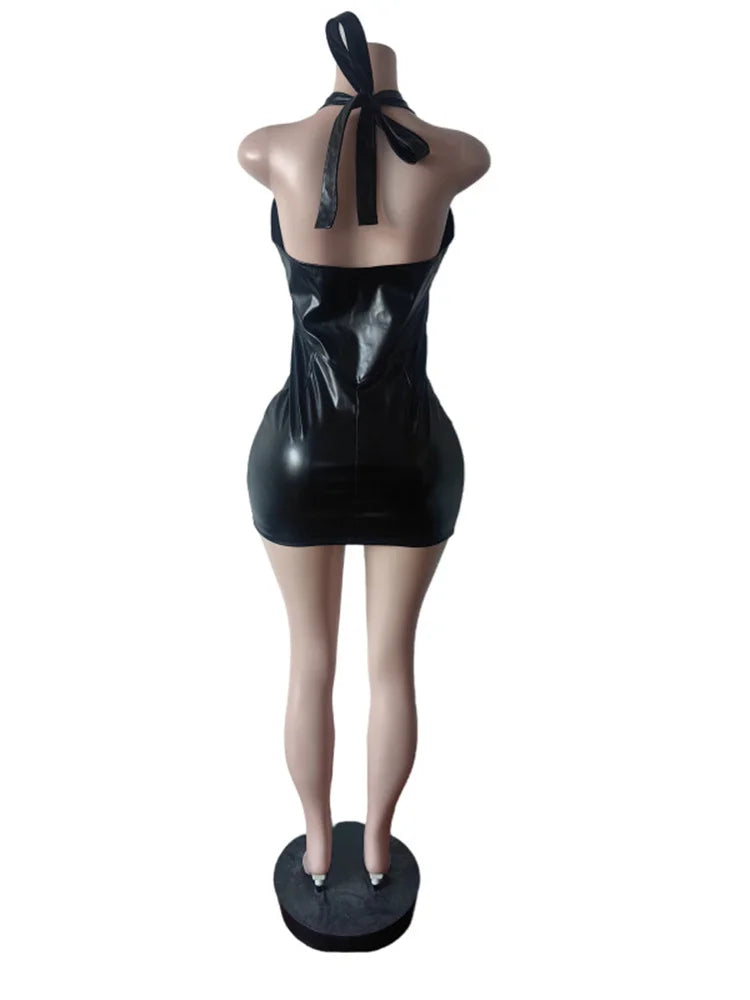 S-2XL UK Size Black/Red Color Stylish PU Leather Dress Women Zip Halter Lace-Up Backless Sexy Low Chest Peach Hip Hottie Hipster Stretch Slim Streetwear Night Clubwear Evening Party Mini Dress