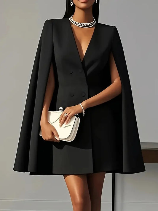 S-2XL UK Size 4 Colors Women Fashion Commuter Solid Luxury Blazers Dress Office Lady Double Breasted Waist Evening Party Dress Elegant V-Neck Shawl Cape Sleeve Formal Midi Dress