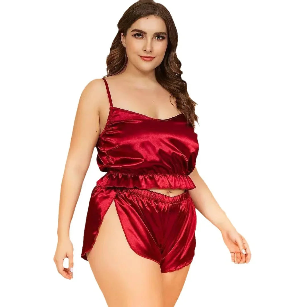 NEW Arrivals 2PCS Set  XL-5XL Plus Size Chubby Women Sexy Hollow out Strap Backless Sleepwear Comfortable Underwear V-Neck Design Breathable Material for Adults Curvy Girls Home Wear