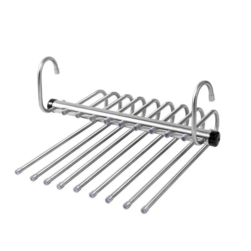 NEW Design 9 Bars Layers Folding Magic Pants Hangers Stainless Steel Space Saving Clothes Rack Organizer For Wardrobe Trousers Jeans Clothes Storage Organizer Closet Accessories