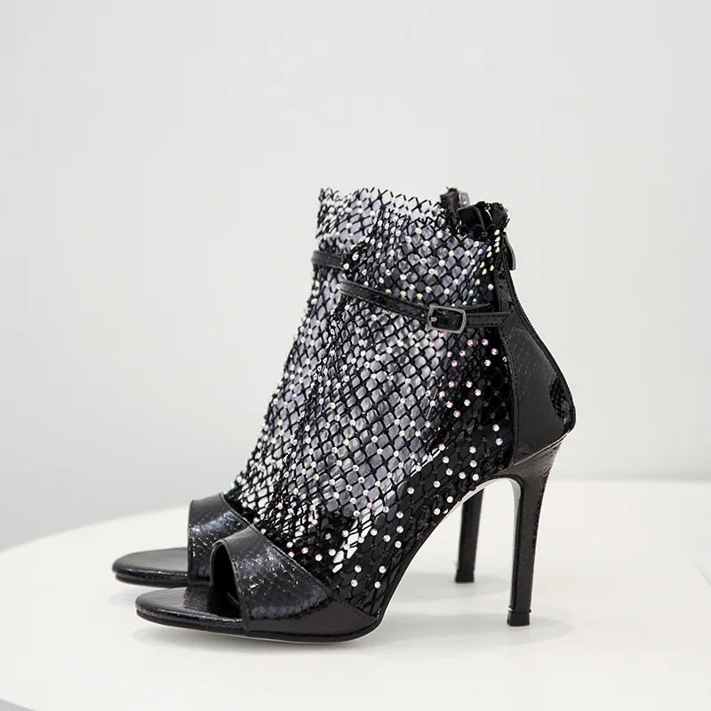 NEW Arrivals Sexy Fashion Rhinestone Fishnet Sandals Women Thin High Heels Peep Toe Rear Zipper Night Club Evening Party Shoes