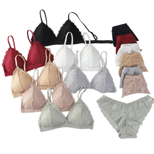 Women Bra Set Lace Women's Underwear Sexy Lingerie Set Low Waist Briefs Vneck Embroidery Brassiere Panties Set Female Intimates