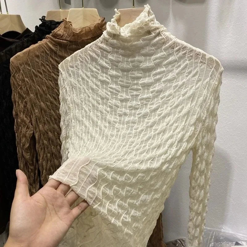 NEW Arrivals S-2XL 6 Colors European Style Polo/Turtle Neck Lace Base Layer Top Women's Long Sleeve 2021 Spring Autumn Thin Versatile Transparent Inner Top