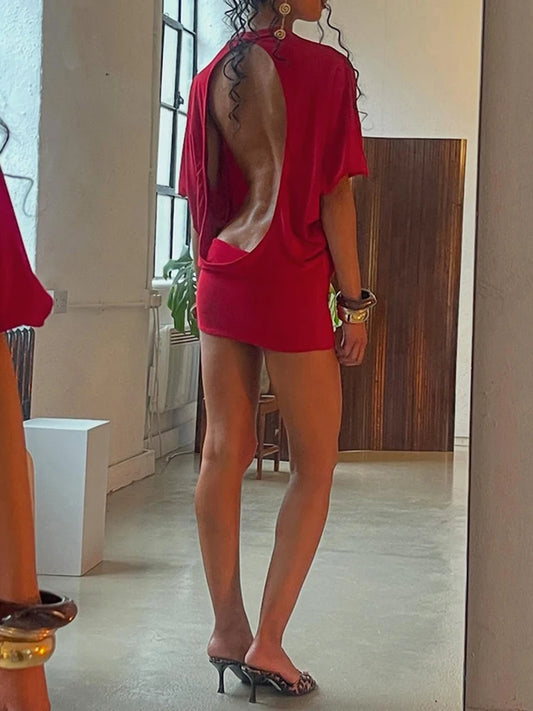 Black/Red Color Solid Sexy Backless Women Mini Dress Trend Summer Evening Bach Party Night Clubwear Prom Sexy Chic Half Sleeve Crew Neck Body-Shaping Frock Party Outfits