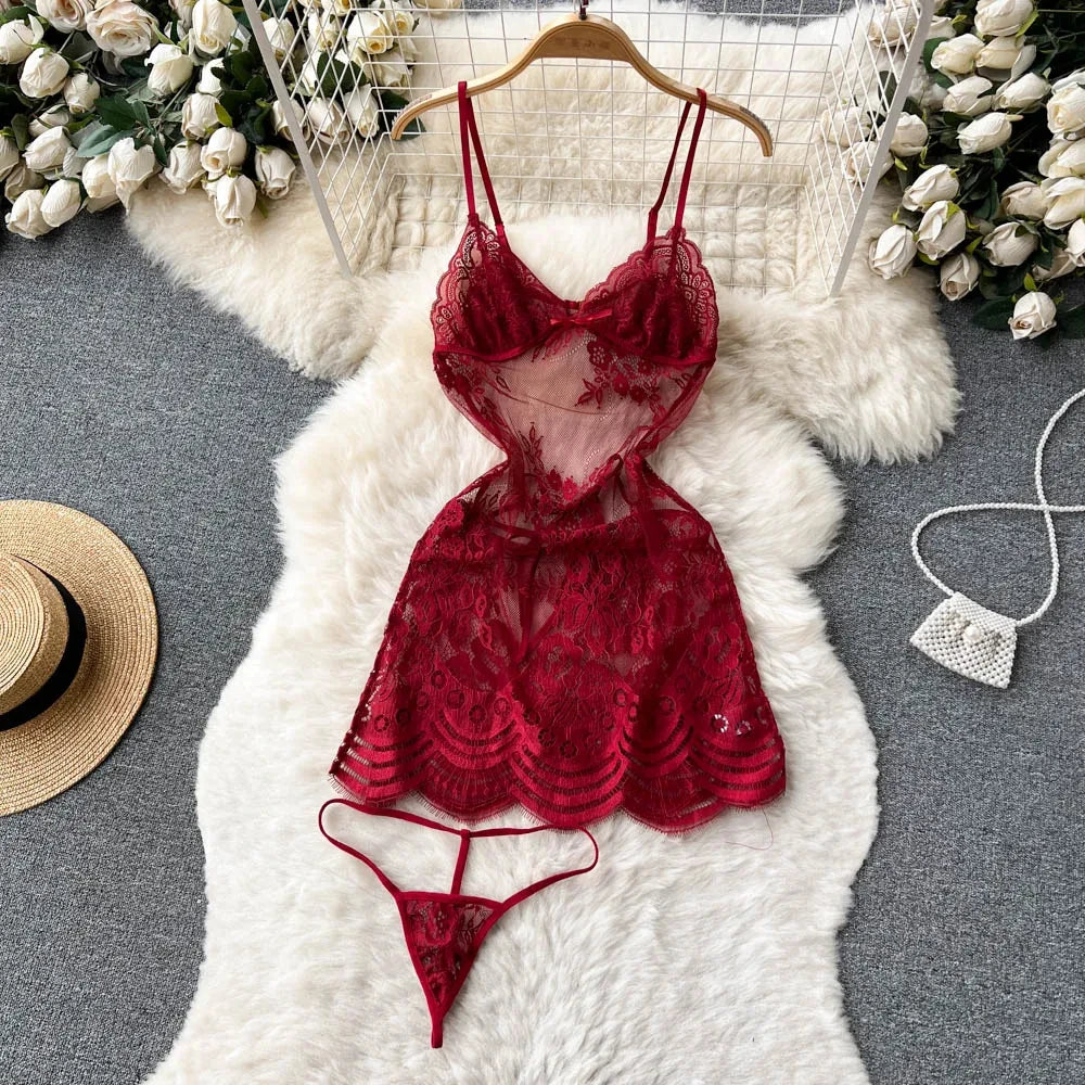 Women Preppy Style Sexy Uniform Sets 2024 V Neck Sheer Top+Lace Up Mini Skirt+Thongs Hollow Out Cosplay Porn Suits