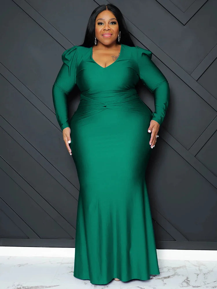 L-5XL Plus Size Black/Red/Blue/Green Evening Party Luxury Dresses Curvy BBW Women V-Neck Long Sleeve Full Length Bodycon Elegant Evening Maxi Dress