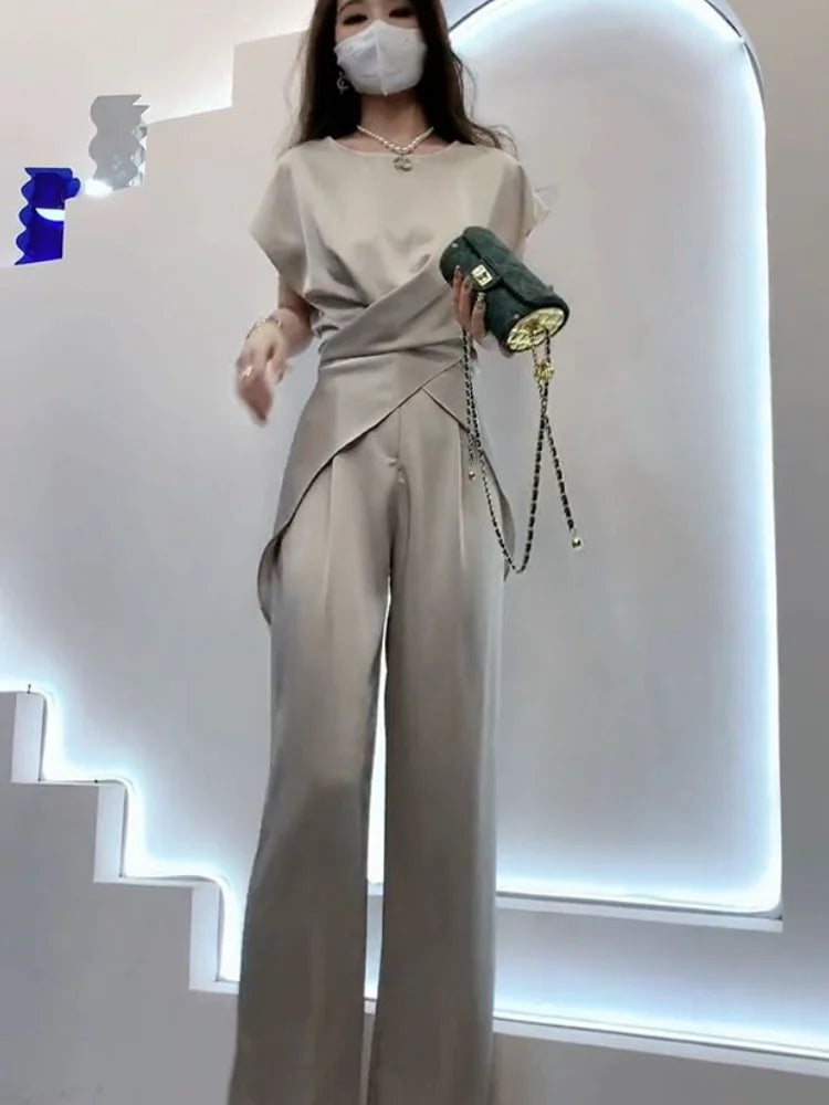 NEW Arrivals 2PCS Set M-3XL UK Size Luxury Trousers + Tops Chubby Woman Wide Leg Formal Satin Pant Sets for Women Sexy Silk Business Classy Outfit Ladies Luxury Fashion Apparel Supplies