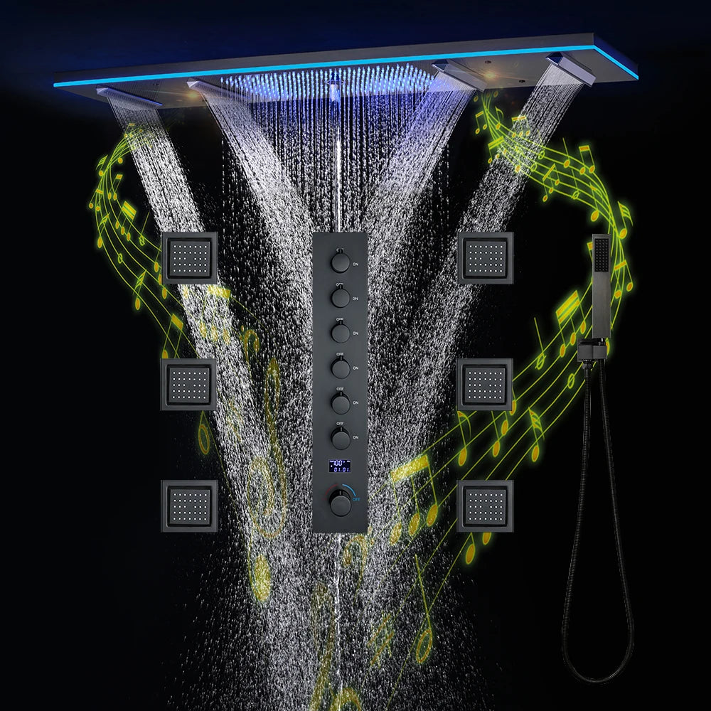 NEW Luxury Shower for Home Villa Hotels M47*12 Inch LED Lighting Large Black Shower Head Rainfall Bathroom Faucet Hot Cold + Music Shower System Set Smart Device Showers Mixer