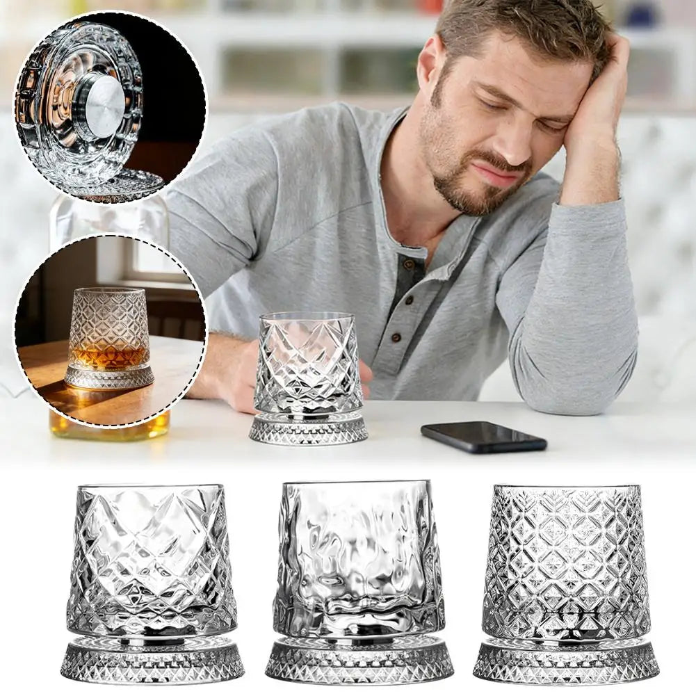 NEW 280ml Crystal Luxury Elegant Liquor Cup Rotating Whiskey Porcelain Glass Crystal Bottom Diamond Ice Flower Bubble Pattern Spinner Home Barware Glass Cup