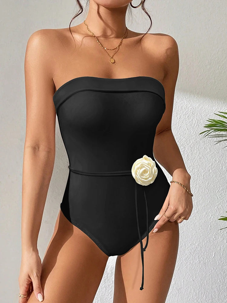 Peachtan Black One Piece Swimsuit Woman 2023 Luxury Bandeau Swimwear Korea Style Bride Swimsuit Beachwear Monokini Bodysuit