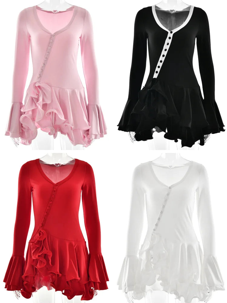 NEW Arrivals 5 Colors UK Size 3 Styles Women's A-Line Bodycon Maxi/Mini Dress Ruffle Hem V-Neck Asymmetrical Buttons Long Sleeve Short Dress Party Streetwear Outfits